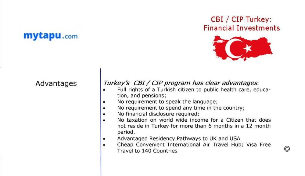 Advantages of Turkey's Citizenship by Investment CIP CBI - Professional Services for Real Estate Investors and for Non-Real Estate Investors in Financial Products: Bank Deposits, Government Bonds, Venture Capital Funds...
